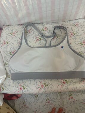 Champion White & Gray Racerback Sports Bra with Logo
